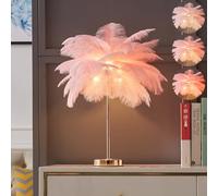LINCWONZ White Ostrich Feather Lamp Modern Bedside Lamp, Bedroom Table Lights Home Ofice Bedroom Pink Lamp Golden Base