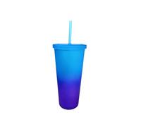 LINDACA 24oz/710ml Double Wall Gradient Colour Reusable Plastic Cup with Lid and Straw (Blue)