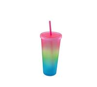 LINDACA 24oz/710ml Double Wall Gradient Colour Reusable Plastic Cup with Lid and Straw (Pink)