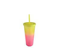 LINDACA 24oz/710ml Double Wall Gradient Colour Reusable Plastic Cups with Lid and Straw (Yellow)