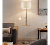 Lindby Aovan floor lamp, nickel-coloured, shelf, USB connection