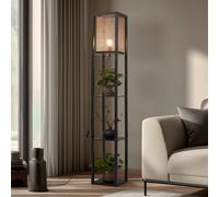 Lindby Birta floor lamp, black/natural, shelf, rattan