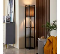 Lindby Birta floor lamp, black, shelf, wood, 159 cm