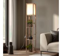 Lindby Birta floor lamp, wood colour/white, shelf, wood