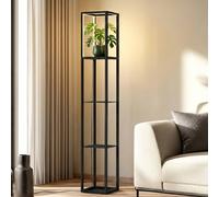 Lindby Birta LED floor lamp, shelf, 155 cm, black, metal