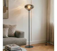 Lindby Lelia floor lamp, smoky grey, glass, metal, 150 cm