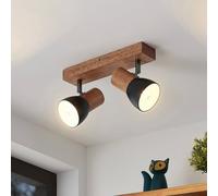 Lindby Tonja ceiling spotlight with wood, two-bulb