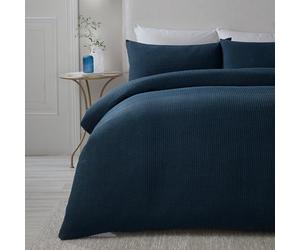 Lindly Collection - Serene Navy Blue Waffle Duvet Cover - King Size (230 x 220cm) - Soft Touch - Grid Pattern Textured Duvet Cover in Dark Blue - Square Puckered Bedding