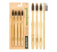 Lindo EcoGrip Charcoal Infused Bamboo Toothbrush - Soft German Made Fiber Bristles, Organic, Biodegradable and 100% Recyclable, Multi-Colored - Pack of 4