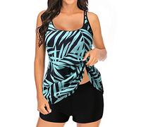 LindoMaker Womens Swim Shorts and Tops Tankini Bathing Suits Women Tummy Control V Neck Sleeveless Beachwear Plus Size Beach Summer Swimsuit with Shorts(Ar-Light Blue,Large)