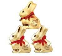 Lindt Chocolate Easter Bunny Bulk - Pack of 3 x 100g Milk Chocolate Bunny Wrapped in Gold Foil. Great Chocolate Gift for Easter Gifts, Egg Hunt for Kids.