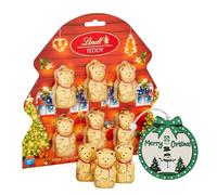 Lindt Chocolates Christmas Tree Decorations - Milk Chocolate Pack of 1 x 60g (6x10g) Golden Teddy Bears for Chocolate Hamper with Topline Tree Ornament for Stocking Fillers, Chocolate Gifts for Kids