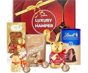 Lindt Chocolates & Hot Chocolate Hamper - Chocolates Gift Box of Irish Cream Truffles 200g, Hot Chocolate 300g, Teddy Bar 120g, Santa & Golden Teddy. Christmas Gifts for Kids