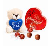 Lindt Chocolates & Teddy Bear for Mens Gifts - Milk Chocolate Red Heart Shaped Box with Truffles 200g & Small Best Dad Soft Teddy for Fathers Day, Dad Birthday Gifts