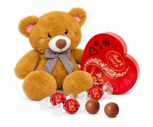 Lindt Chocolates & Teddy for Womens Gifts - Milk Chocolate Irresistibly Smooth Heart Shaped Box with Truffles 200g & Soft Cuddle Teddy Bear for Christmas Gift, Valentines Day Gifts or Birthdays