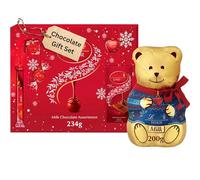 Lindt Christmas Chocolates gift box - Milk Chocolate Selection Box 234g & Teddy Bear 200g - Truffles, Hearts, Squares & Bars - chocolates gift box for women, men (Blue Jumper)