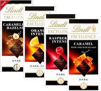 Lindt Dark Chocolate Bars - 4 x 100g Orange, Raspberry, Caramel & Hazelnut