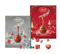 Lindt Lindor Advent Calendar Duo Set, Silver and Red, Assorted Milk Chocolate Truffles Hearts and Squares, Set of 2