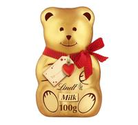 Lindt Teddy Gold Milk Chocolate Christmas Gift 100g | Gold wrapped milk chocolate Teddy with red tag. Premium Lindt Christmas gift or stocking filler.