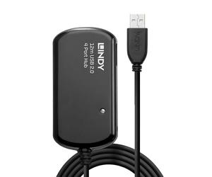 Lindy 12m USB 2.0 Active Extension 4 Port Hub Pro, Long Distance Repeater, Extends 4 USB devices, PCs, Laptops, Xbox, PS4, PS5, VR Headset, Printer, Scanner, Webcam, Interactive Whiteboards