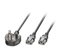 Lindy 2.5m UK 3 Pin Plug to 2 x IEC C13 Splitter Extension Cable Black