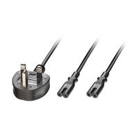 Lindy 2.5m UK 3 Pin Plug to 2 x IEC C7 Splitter Extension Cable Black. Cable length: 2.5 m Connector 1: Power plug type G Connector 2: 2 x C7 coupler