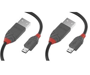 LINDY 36733 2 m Anthra Line USB 2.0 Type A to Micro-B Cable - Black (Pack of 2)