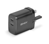 Lindy 65W USB 2 x Type C Charger, Input UK Plug, Output 2x USB Type C (F), Black