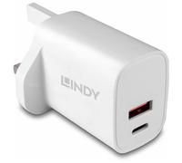 Lindy 20W USB Type A & C Fast Charger Plug, UK Fast Charging Plug For for iPhone, iPad, Samsung Galaxy,Dual Port Power Adaptor USB C Wall Plug