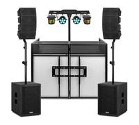Line Array PA System DJ Package with DJ Booth and Light Bar, 1600W Active Passive Speaker System, Bluetooth USB DSP, Mobile DJ Setup for Events, Churches and Venues