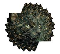 Line Cat Printed Linen Placemats Set Of 6 For Dining Table,45X30Cm For Kitchen Holiday Decoration Portrait Animals Washable Rectangular Table Place Golden Green