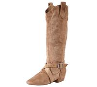 Line Dance Boots Shoes for Women Heels Suede Sole Ballroom Ladies Swayd Boot Long Folk Salsa Country Line Dance Boots (Beige, Adult, Women, 7, Numeric, UK Footwear Size System, Medium)