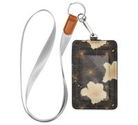 Line Drawing Floral Gold Black Leather Work Badge Holder for Women with Lanyard and 3-Card Capacity id Card Holder Vertical for Office Worker Nurse Teacher Student