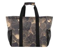 Line Drawing Flower Gold Black Utility Beach Tote Foldable Water Resistant with Handles Beach Bag, line drawing flower gold black, One Size, Fashion