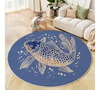 Line Drawing Of Koi Fish Rugs Round 80cm Living Room, Japanese Woodblock Print Circle Carpet, Non Slip Machine Washable Carpet, Blue Round Rug for Bedroom Dining Room Hallway Entryway Floor Mat