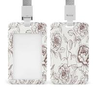 Line Floral Rose Flowers Design2 ID Badge Holder Waterproof Card Protector Push-Pull Slot Work ID Card Holder with Lanyard Personalized Detachable Card Holders for Office Corporate Use