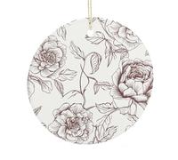 Line Floral Rose Flowers Design2 Round Ceramic Pendant Hanging Festival Ornament, Personalized Double Sided Ceramic Home Decor, Lightweight Durable Hanging Ornament Gift for Home, Party, Women Men