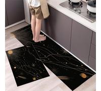Line Stars Kitchen Rugs Non Skid Washable Mats Set of 2 PCS, Celestial Themes Absorbent Runner Rugs for Kitchen, Front of Sink,Sink Laundry, 40x60cm+40x120cm Black