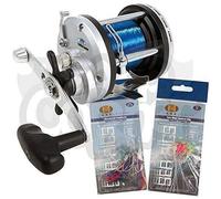 Lineaeffe JD300 Multiplier Sea Boat Beachcaster Fishing Reel + 20lb Mono Line & 2 Packs of Various Feathers
