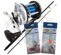 Lineaeffe NGT Boat Max 6ft 2pc 25lb Fibreglass Fishing Rod JD300 Sea Boat Multiplier Reel & 2 x Packs of Feathers