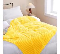 Linecooo Bright Yellow Fleece Throw Blanket 90”×90” for Couch Sofa Bed,Super Soft Cozy Plush Microfiber Flannel Blanket with Stripes Design Lightweight for Adults,Woman,Girls