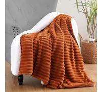 Linecooo Burnt Orange Sherpa Fleece Throw Blanket 50”×60” for Couch Sofa Bed,Super Soft Cozy Plush Double Side Thick Flannel Blanket with Striped Design Lightweight for Adults,Woman,Girls