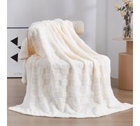 Linecooo Creme White Fleece Throw Blanket 50”×60”Checkered Design for Couch