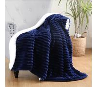 Linecooo Navy Blue Sherpa Fleece Throw Blanket 50”×60” for Couch Sofa Bed,Super Soft Cozy Plush Double Side Thick Flannel Blanket with Striped Design Lightweight for Adults,Woman,Girls