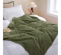 Linecooo Olive Green Fleece Throw Blanket 90”×90” for Couch Sofa Bed,Super Soft Cozy Plush Microfiber Flannel Blanket with Stripes Design Lightweight for Adults,Woman,Girls