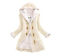 Lined Cardigan, Women's Chunky Knit Cardigan with Hood, Thick Warm Winter Coat, Vintage Horn Button Cable Knit Outwear, Winter Knitted Winter Jacket, Plush Jacket, Long Sleeve Hooded Jacket, White, XL
