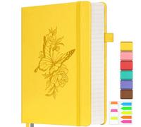 Lined Notebook Journal for Women, 312 Numbered Pages A5 Thick Leather Journal, 100gsm Paper Daily Journal for Work Travel, Hardcover College Ruled Notebook, Giftable Butterfly Floral Notebook, Yellow