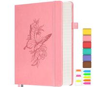 Lined Notebook Journal for Women, 312 Numbered Pages A5 Thick Leather Journal, 100gsm Paper Daily Journal for Work Travel, Hardcover College Ruled Notebook, Giftable Butterfly Floral Notebook, Pink