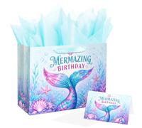 Linelglobal 12.6" Large Mermaid Birthday Gift Bag with Card & Tissue Paper | Mermazing design with under-the-sea theme. Perfect for girls, women, mermaid party, birthday gift wrap.