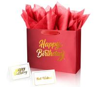 Linelglobal Red Birthday Gift Bag with Tissue Paper Solid Color Silky for Women Men Boutique 13"